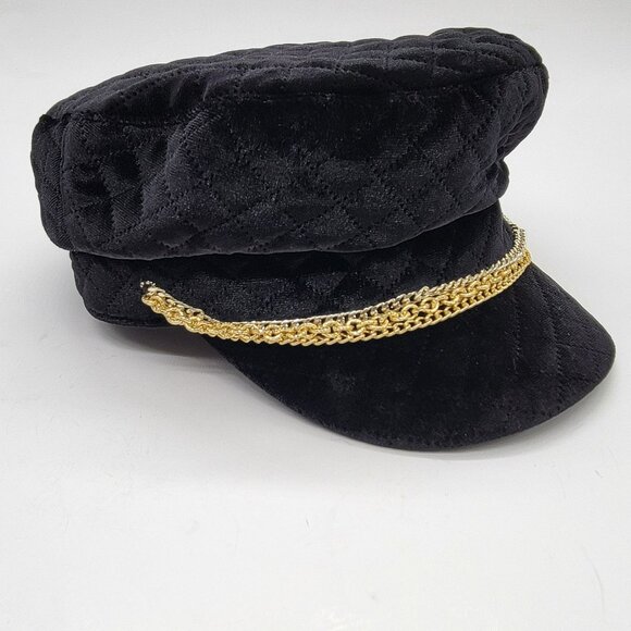 Vince Camuto Black Quilted Velvet Baker Boy Hat W/ Gold Chain Accent NWT - Picture 3 of 14